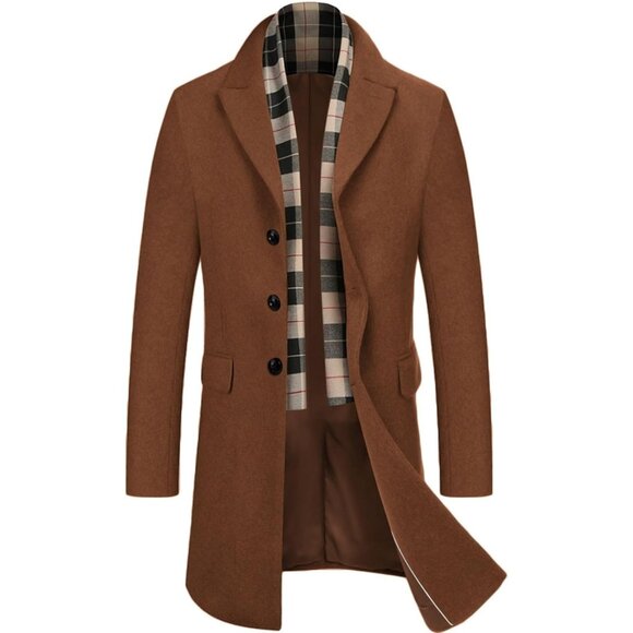 Men's Wool Blend Coat Detachable Plaid Scarf Notched Collar Pea Coat Brown